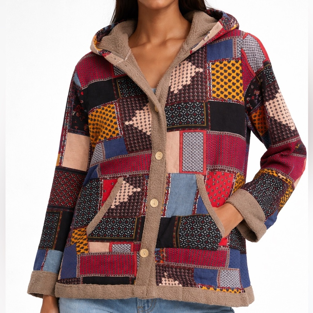 Patchwork Pattern Hooded Jacket Open Front Button… - image 1